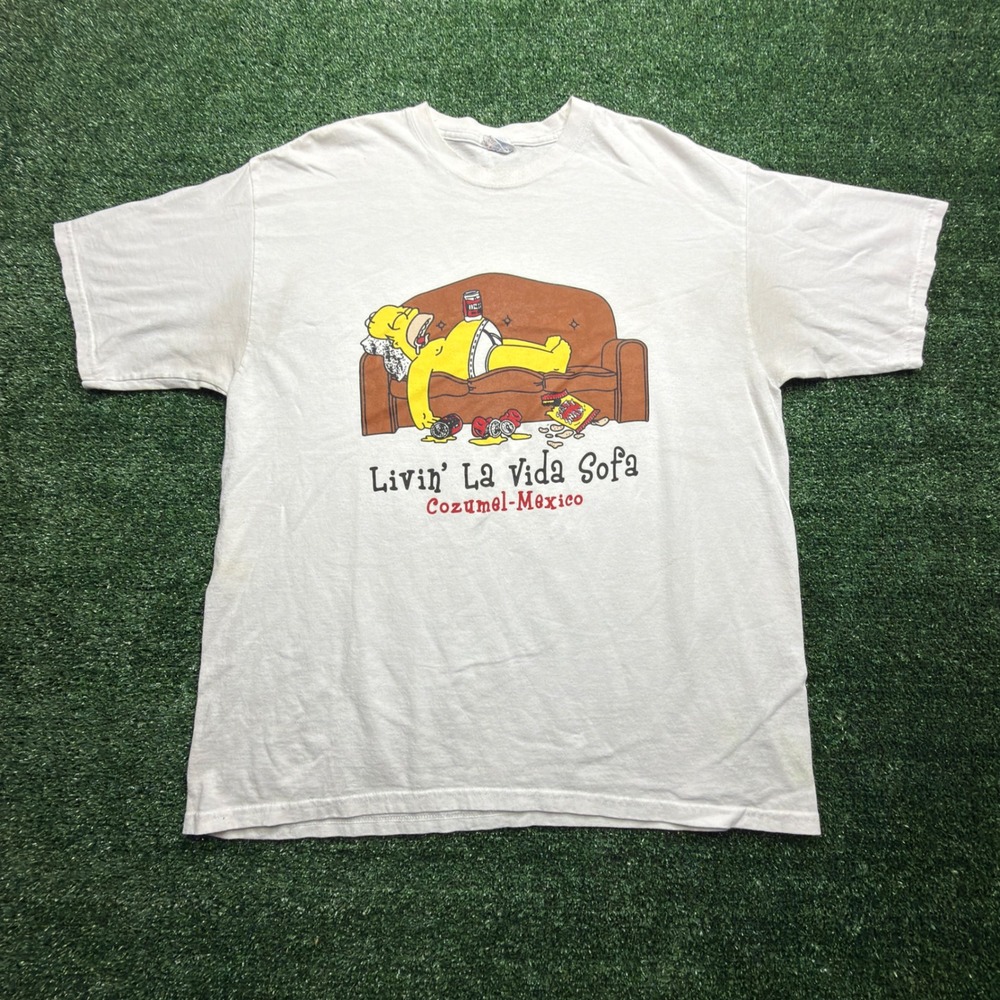 The Simpsons Homer Livin La Vida Sofa Cozumel Mexico Graphic T-Shirt White XL